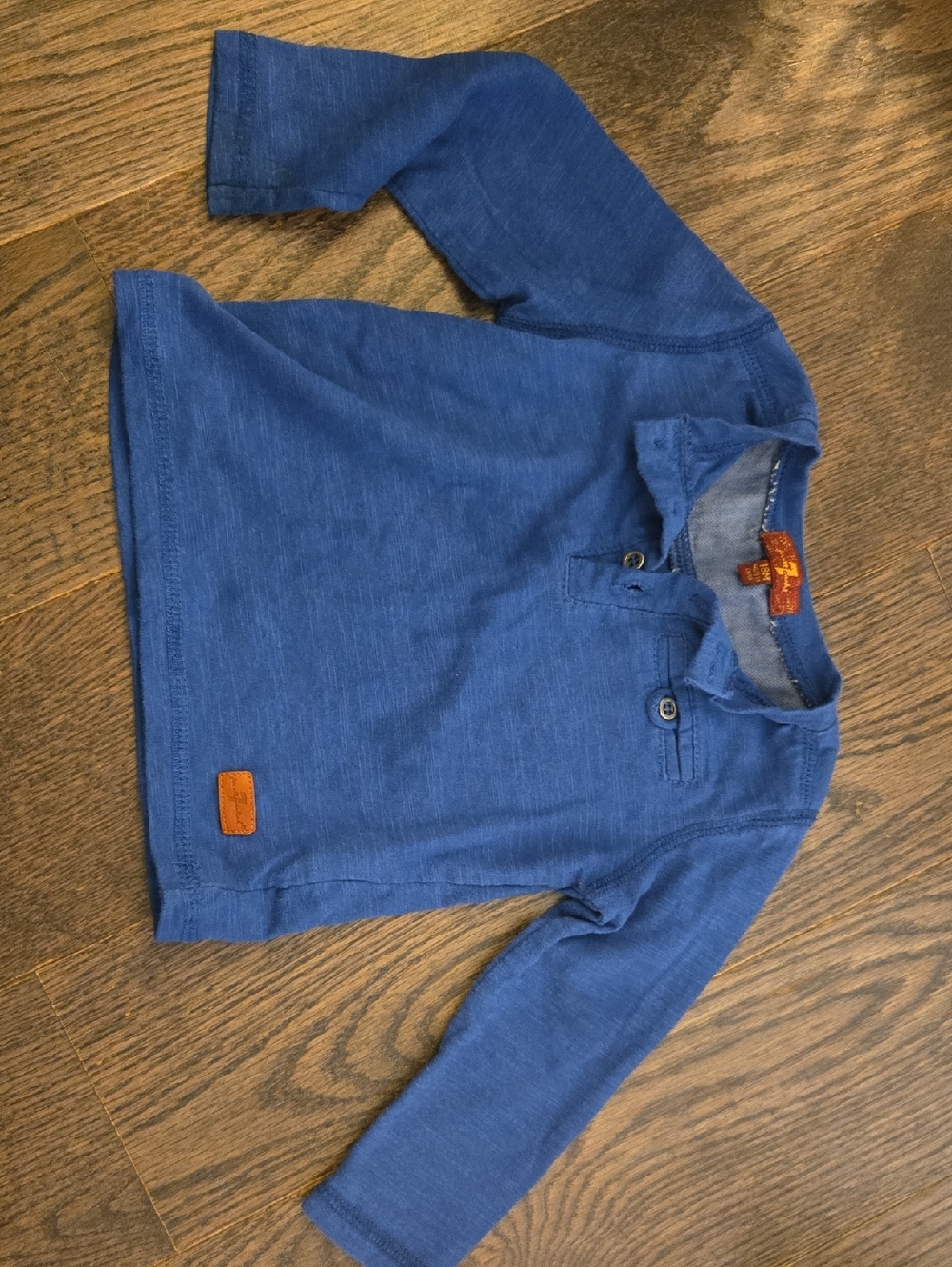 7 For All Mankind Blue Long Sleeve Henley Tee